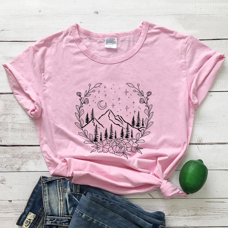 Aesthetic Floral Mountains Nature T-Shirt Stylish Women Camping Outdoor Tshirt Summer Short Sleeve Graphic Hiking Tee Shirt Top