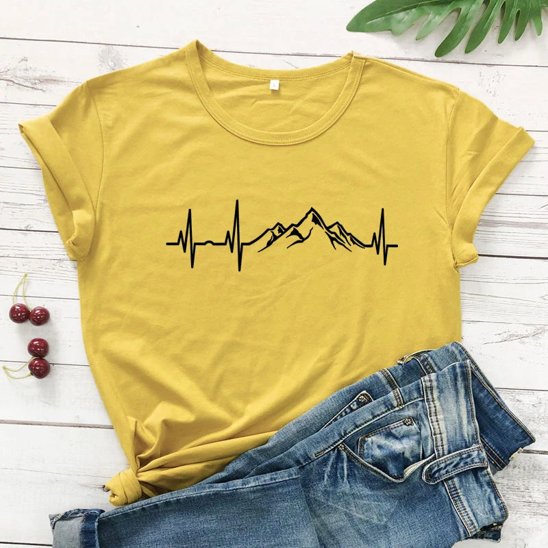 Mountains Heartbeat T-Shirt Funny Unisex Graphic Adventure Awaits Tees Tops Casual Women Short Sleeve Summer Hiking Tshirt Femme