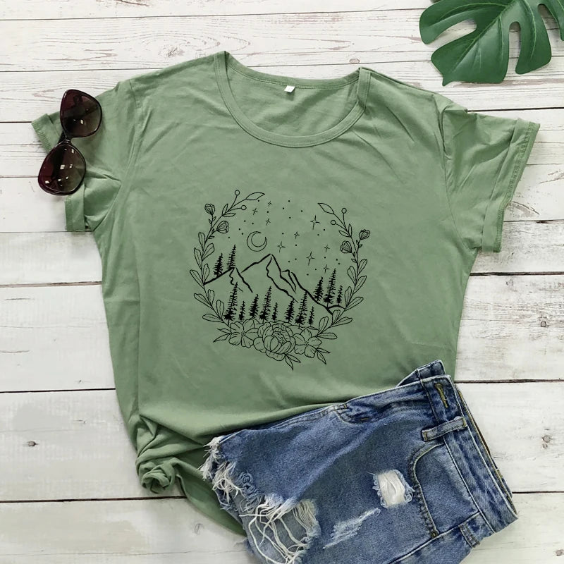 Aesthetic Floral Mountains Nature T-Shirt Stylish Women Camping Outdoor Tshirt Summer Short Sleeve Graphic Hiking Tee Shirt Top