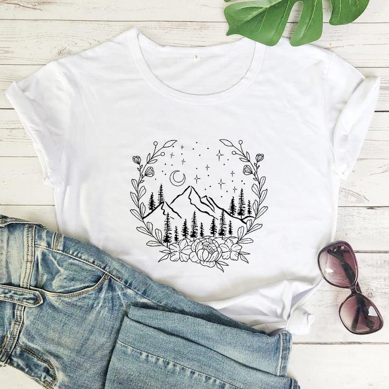 Aesthetic Floral Mountains Nature T-Shirt Stylish Women Camping Outdoor Tshirt Summer Short Sleeve Graphic Hiking Tee Shirt Top