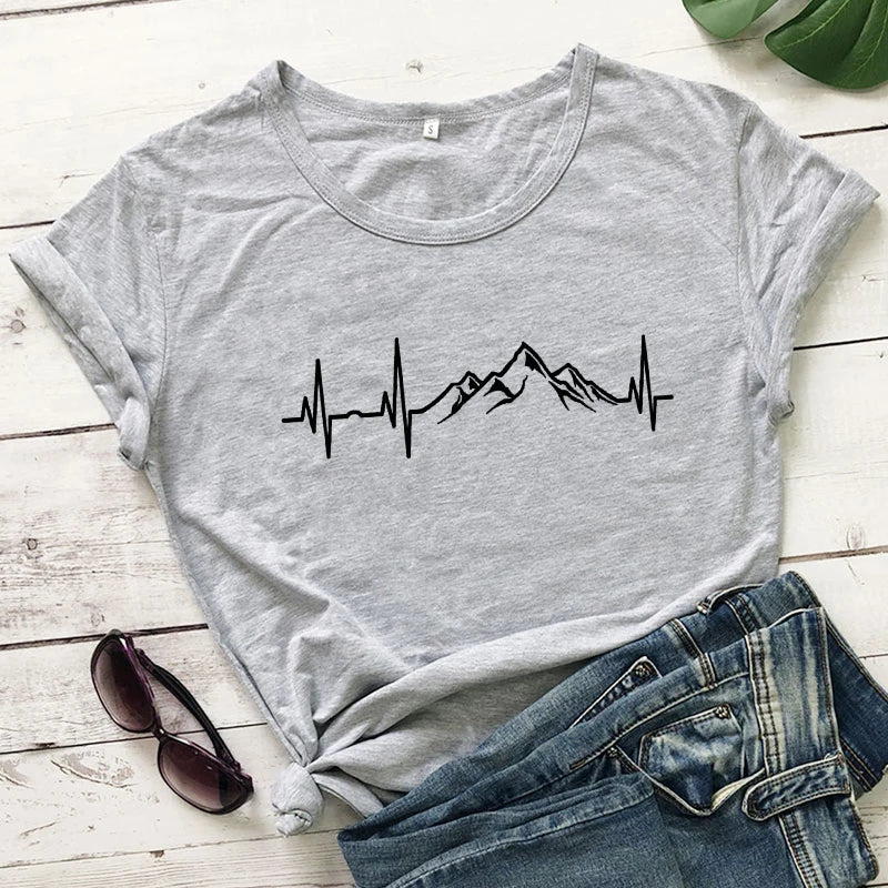 Mountains Heartbeat T-Shirt Funny Unisex Graphic Adventure Awaits Tees Tops Casual Women Short Sleeve Summer Hiking Tshirt Femme