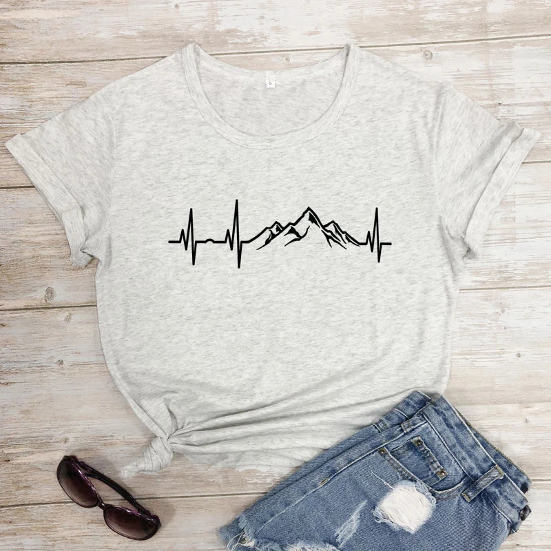 Mountains Heartbeat T-Shirt Funny Unisex Graphic Adventure Awaits Tees Tops Casual Women Short Sleeve Summer Hiking Tshirt Femme