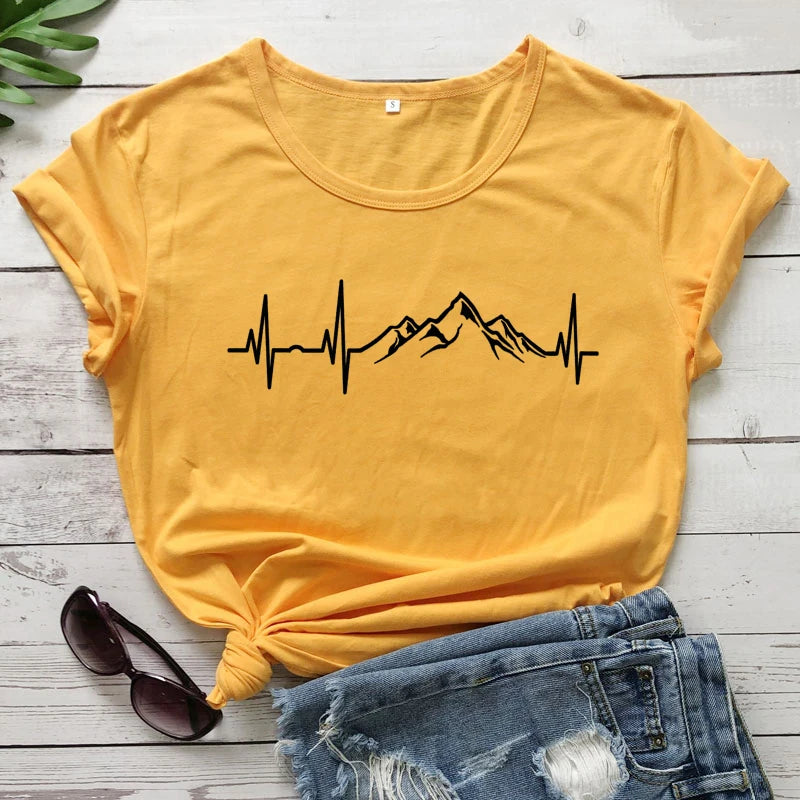 Mountains Heartbeat T-Shirt Funny Unisex Graphic Adventure Awaits Tees Tops Casual Women Short Sleeve Summer Hiking Tshirt Femme