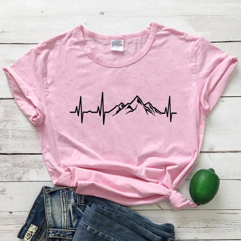 Mountains Heartbeat T-Shirt Funny Unisex Graphic Adventure Awaits Tees Tops Casual Women Short Sleeve Summer Hiking Tshirt Femme