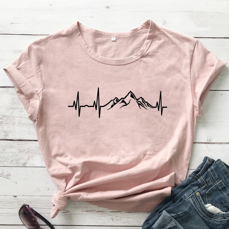 Mountains Heartbeat T-Shirt Funny Unisex Graphic Adventure Awaits Tees Tops Casual Women Short Sleeve Summer Hiking Tshirt Femme