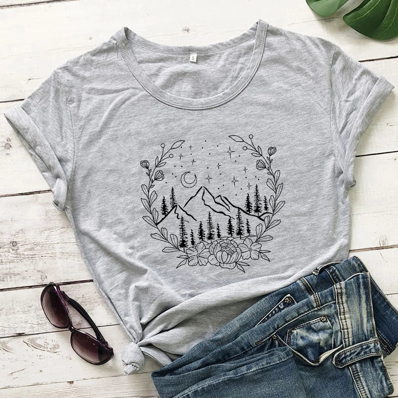 Aesthetic Floral Mountains Nature T-Shirt Stylish Women Camping Outdoor Tshirt Summer Short Sleeve Graphic Hiking Tee Shirt Top