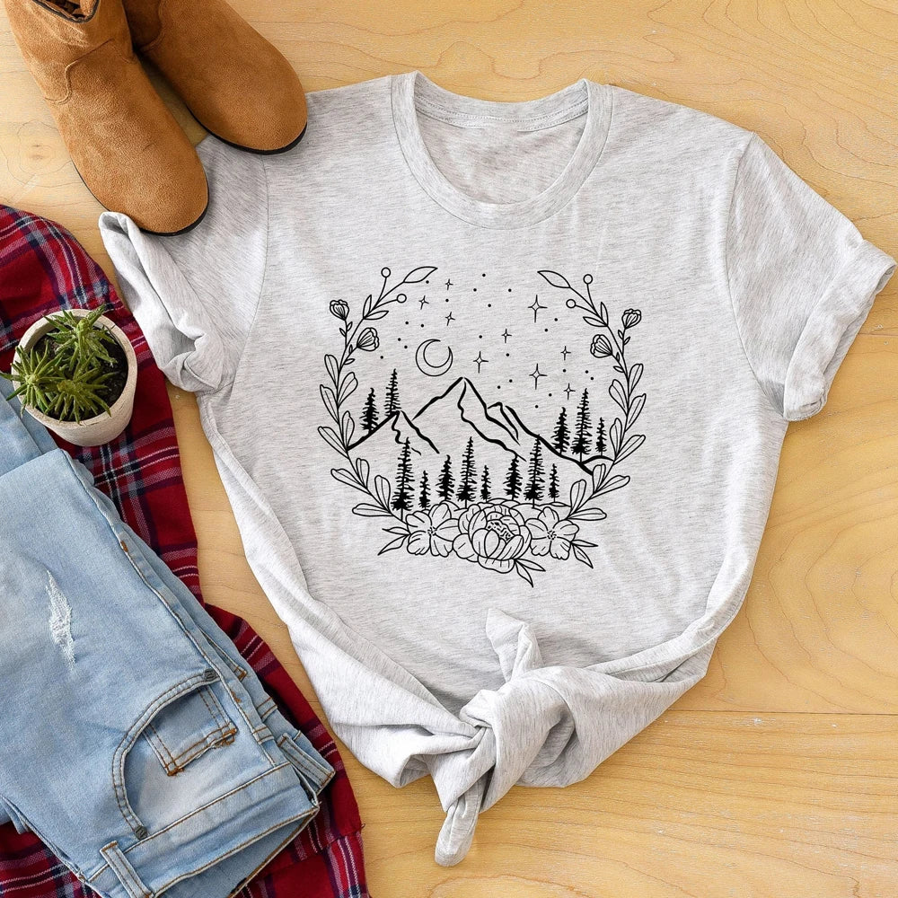 Aesthetic Floral Mountains Nature T-Shirt Stylish Women Camping Outdoor Tshirt Summer Short Sleeve Graphic Hiking Tee Shirt Top