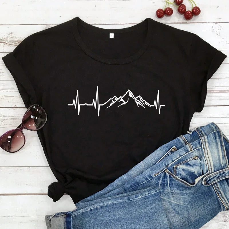 Mountains Heartbeat T-Shirt Funny Unisex Graphic Adventure Awaits Tees Tops Casual Women Short Sleeve Summer Hiking Tshirt Femme