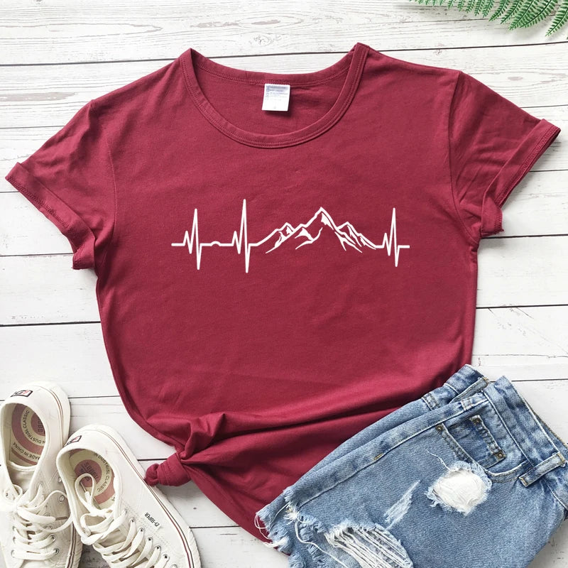 Mountains Heartbeat T-Shirt Funny Unisex Graphic Adventure Awaits Tees Tops Casual Women Short Sleeve Summer Hiking Tshirt Femme