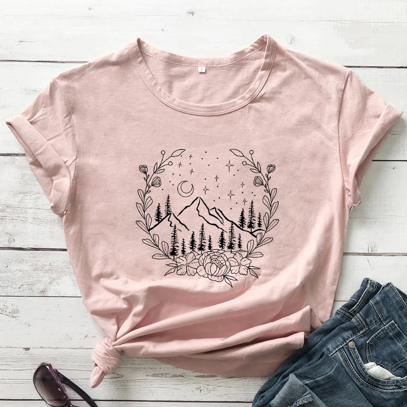 Aesthetic Floral Mountains Nature T-Shirt Stylish Women Camping Outdoor Tshirt Summer Short Sleeve Graphic Hiking Tee Shirt Top