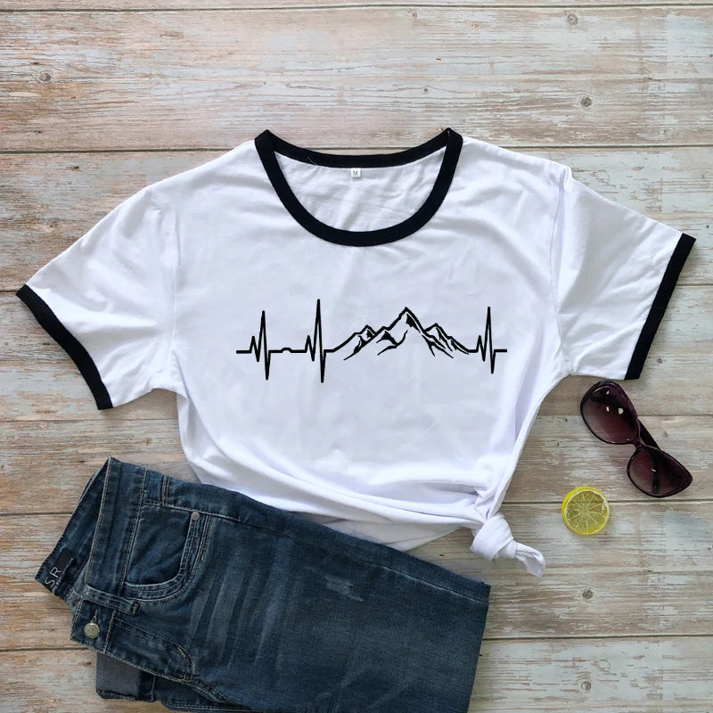 Mountains Heartbeat T-Shirt Funny Unisex Graphic Adventure Awaits Tees Tops Casual Women Short Sleeve Summer Hiking Tshirt Femme