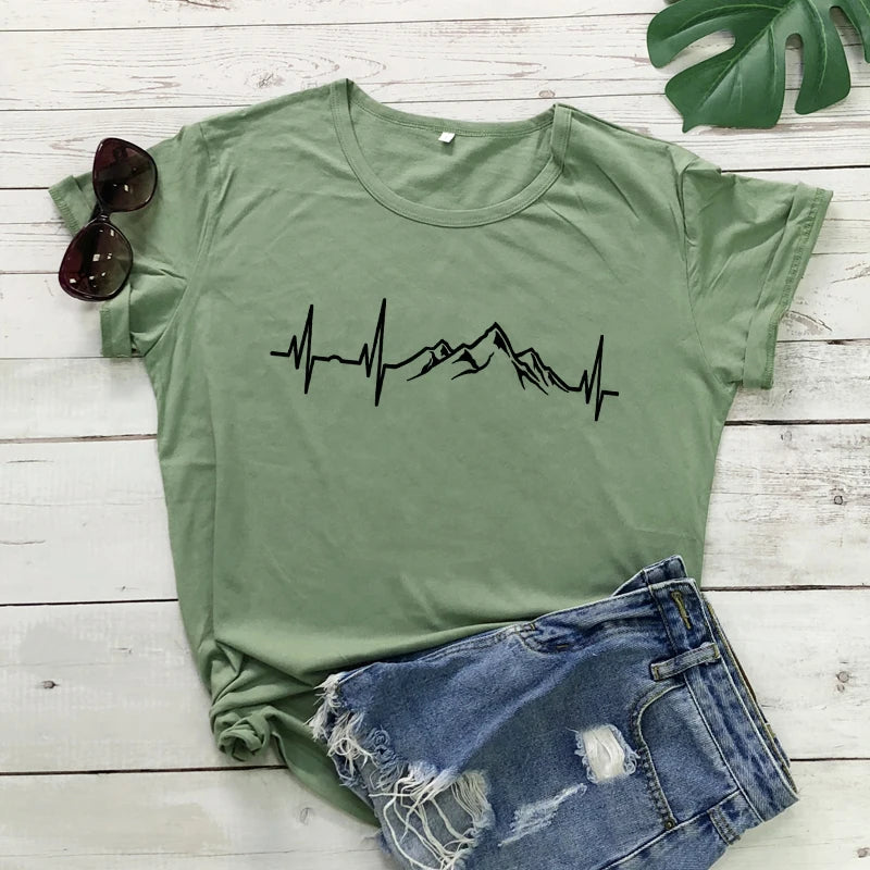 Mountains Heartbeat T-Shirt Funny Unisex Graphic Adventure Awaits Tees Tops Casual Women Short Sleeve Summer Hiking Tshirt Femme