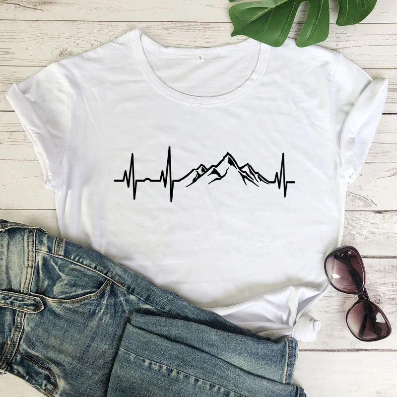 Mountains Heartbeat T-Shirt Funny Unisex Graphic Adventure Awaits Tees Tops Casual Women Short Sleeve Summer Hiking Tshirt Femme