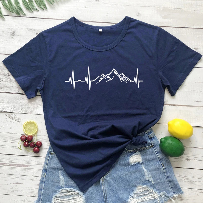 Mountains Heartbeat T-Shirt Funny Unisex Graphic Adventure Awaits Tees Tops Casual Women Short Sleeve Summer Hiking Tshirt Femme