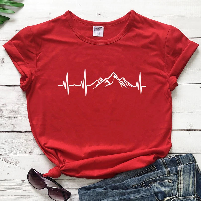 Mountains Heartbeat T-Shirt Funny Unisex Graphic Adventure Awaits Tees Tops Casual Women Short Sleeve Summer Hiking Tshirt Femme