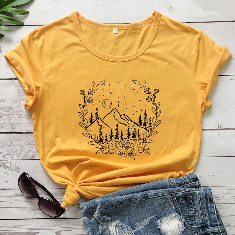 Aesthetic Floral Mountains Nature T-Shirt Stylish Women Camping Outdoor Tshirt Summer Short Sleeve Graphic Hiking Tee Shirt Top