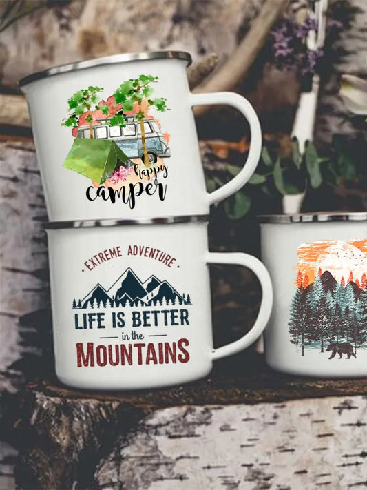 Adventure Forest Mountain Print Coffee Water Cup Camping Mugs Handle Drinkwa