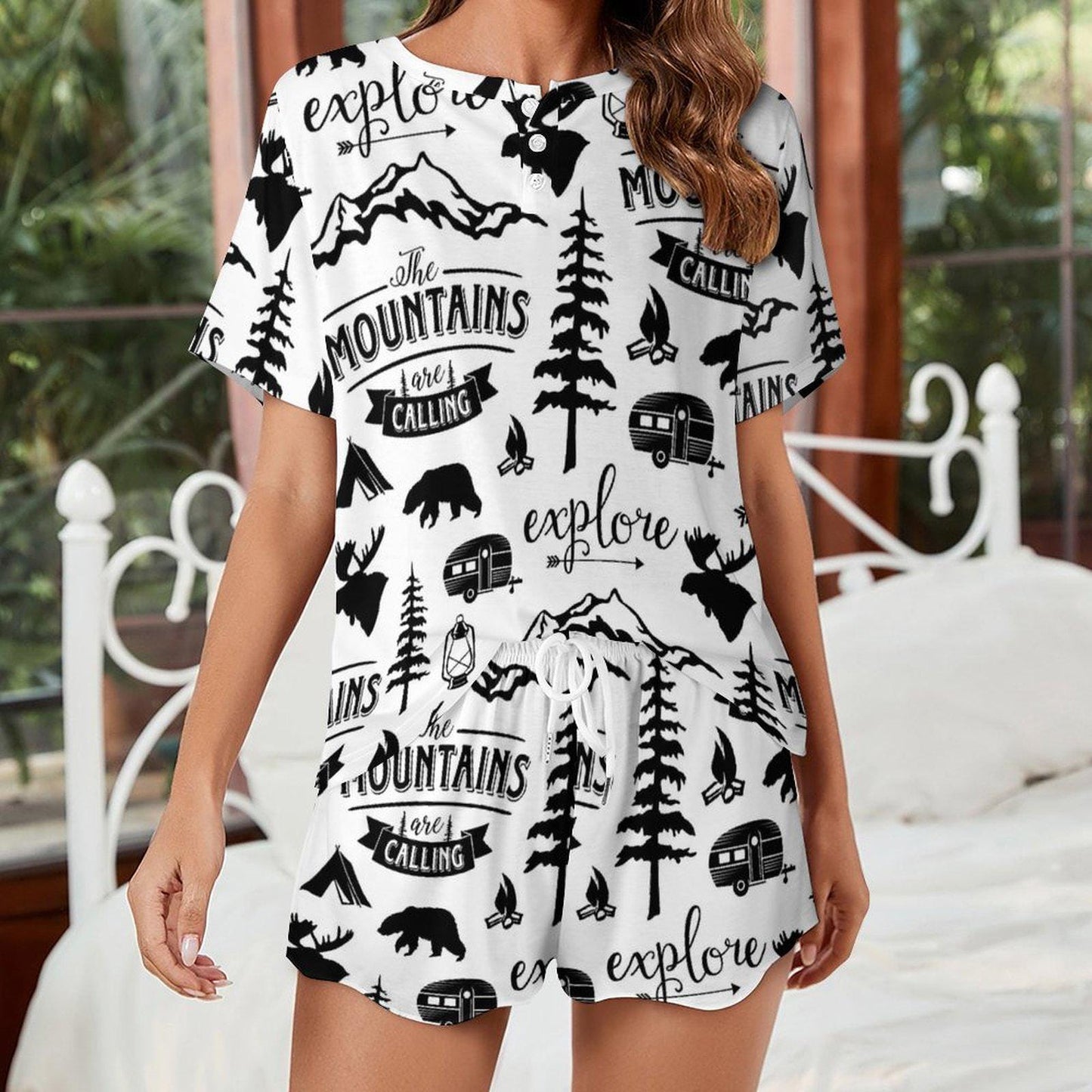 Bachelorette Party Adventure Awaits Pajamas Camping Theme Women PJ Set Sleepwear Henley Top Short Set Plus Size Lounge Wear Matching Set