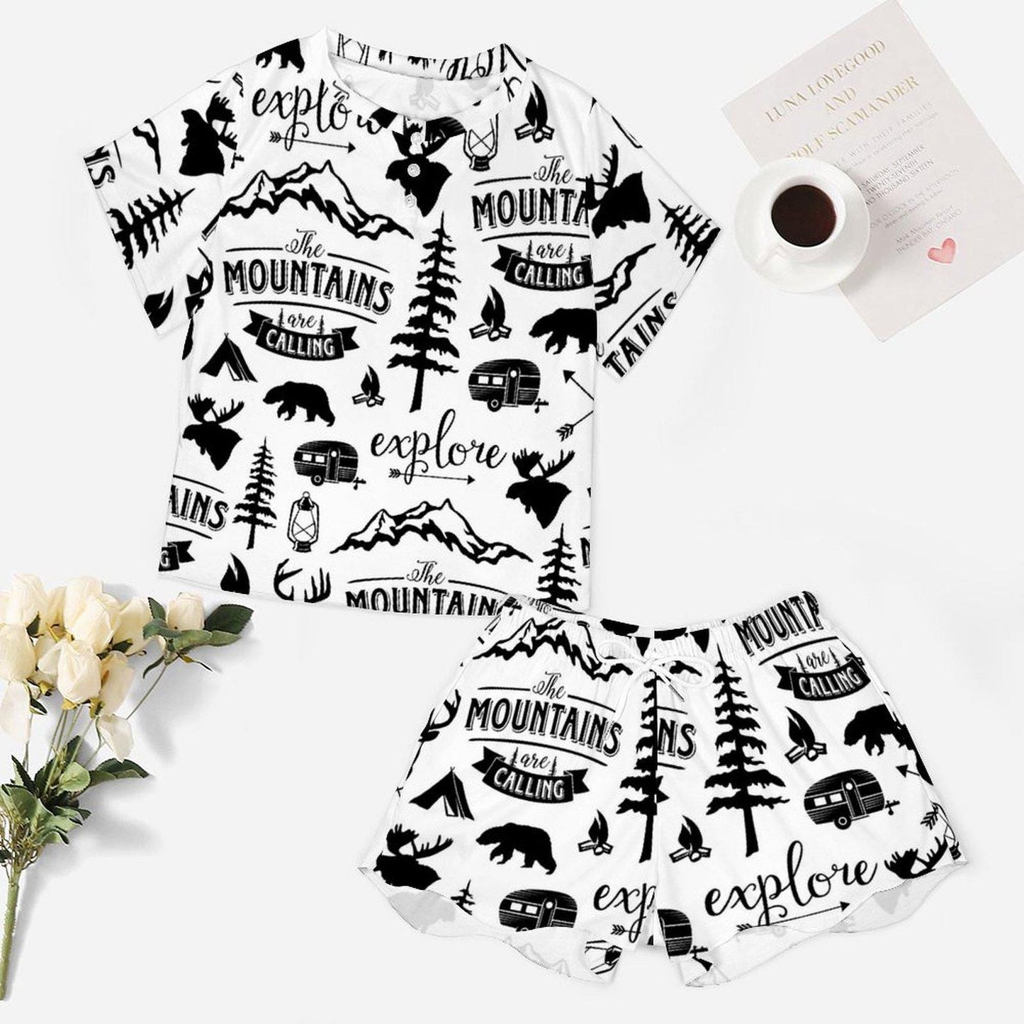 Bachelorette Party Adventure Awaits Pajamas Camping Theme Women PJ Set Sleepwear Henley Top Short Set Plus Size Lounge Wear Matching Set