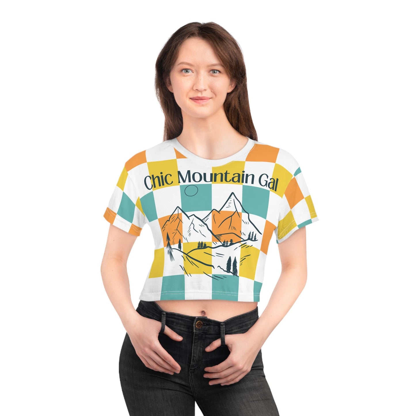 Checkered Crop Tee 'Chic Mountain Gal' - Women's Fashion Shirt, Plaid Short Top, Trendy Summer Apparel, Stylish Teen Clothing, Hipster