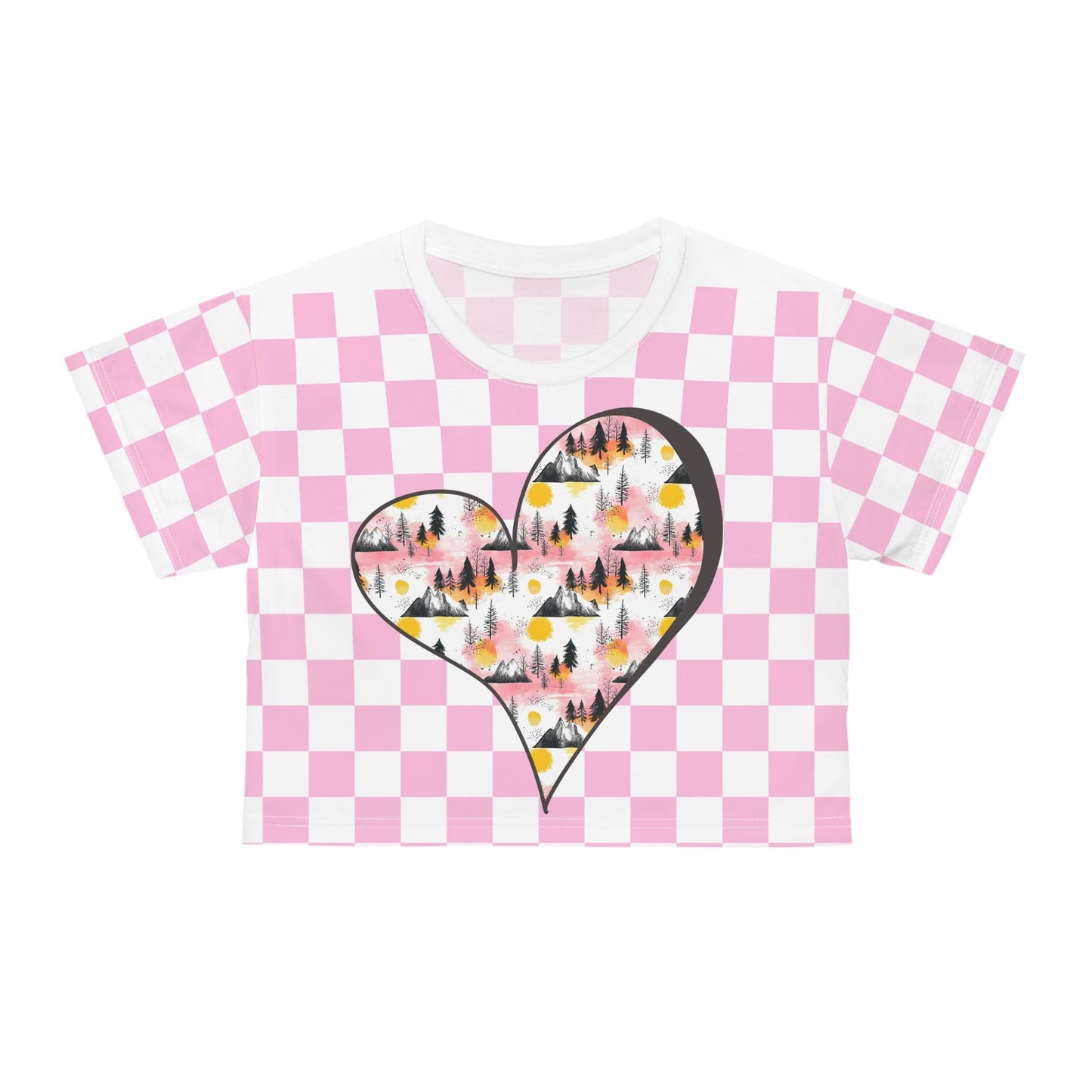 Mountain Heart Checkered Crop Tee for Outdoor Enthusiasts, Women's Casual Shirt, Summer Fashion Top, Trendy Crop T-Shirt, Hiking Apparel