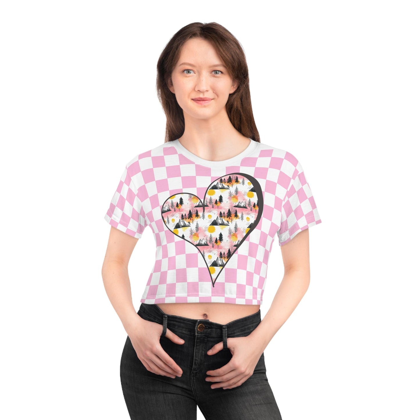 Mountain Heart Checkered Crop Tee for Outdoor Enthusiasts, Women's Casual Shirt, Summer Fashion Top, Trendy Crop T-Shirt, Hiking Apparel